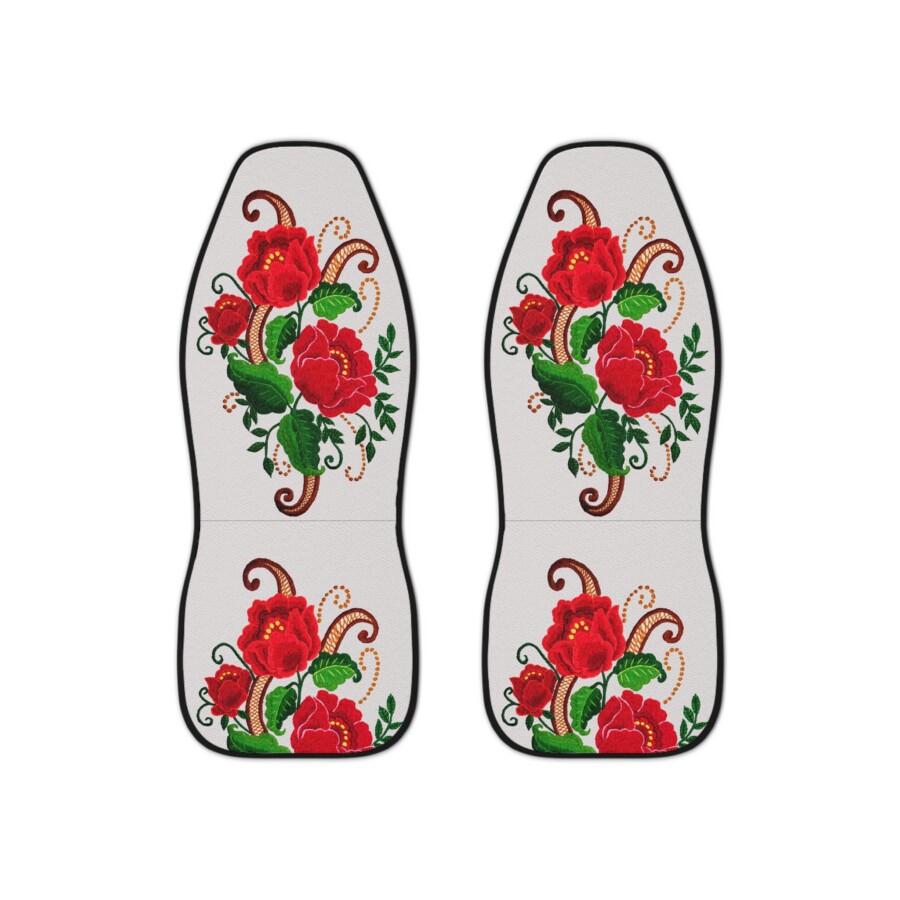 Floral Red Faux Embroidered Car Seat Covers — Red Flower Print, Set of 2 - Image 2