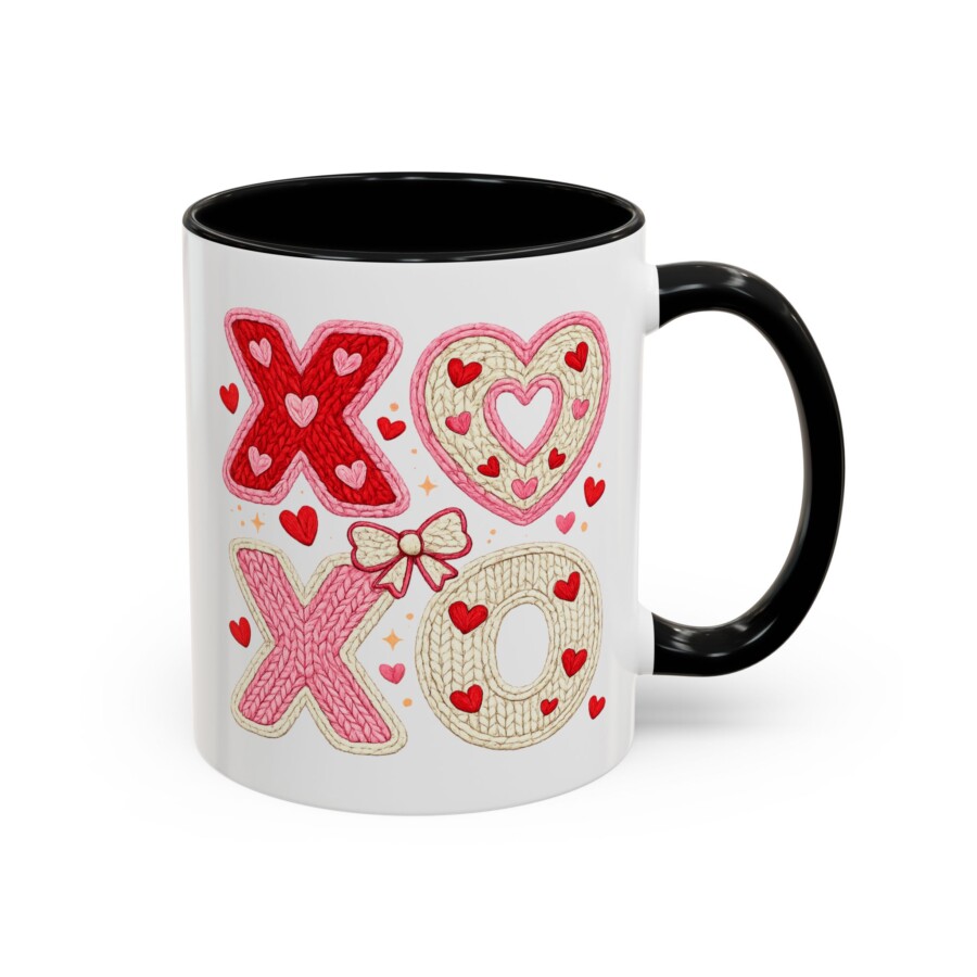 Faux crochet XOXO Mug, Valentine XO Heart Accent Coffee Mug – Cute Red & Pink Love Design - Image 2