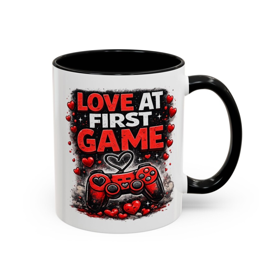 Love at First Game Mug — red handle Gamer, Valentine Accent Mug - Image 2