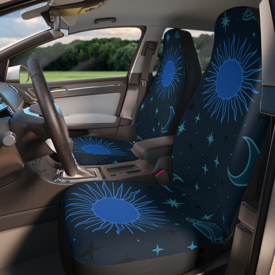 Celestial Blue car seat covers, Sun & Moon — Space Star Pattern, for vehicle front seats