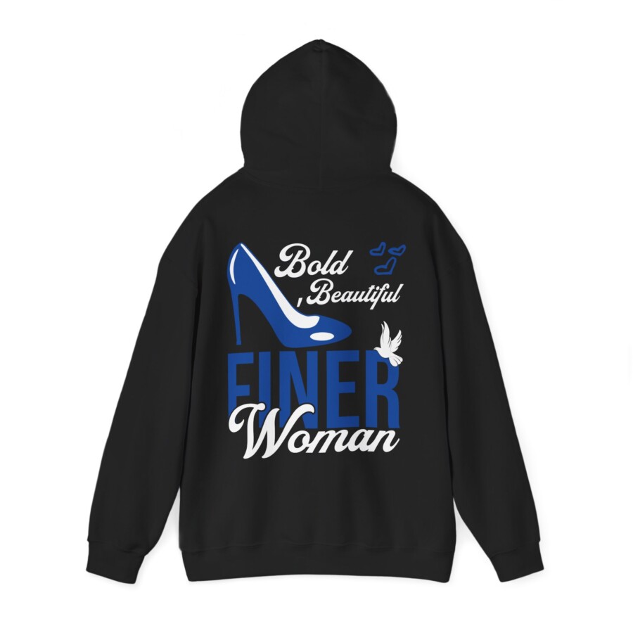 Finer woman hoodie, Bold beautiful, Finer Heels Graphic Hoodie — 'FINER' Blue Stiletto Back Print - Image 2